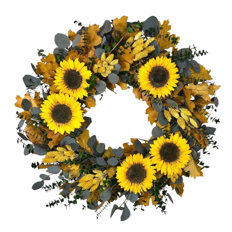 Sunflower wreath with eucalyptus and fall leaves