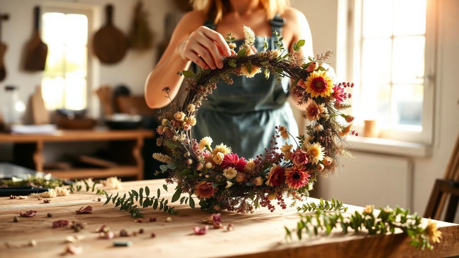 Artisan crafting a floral wreath in workshop